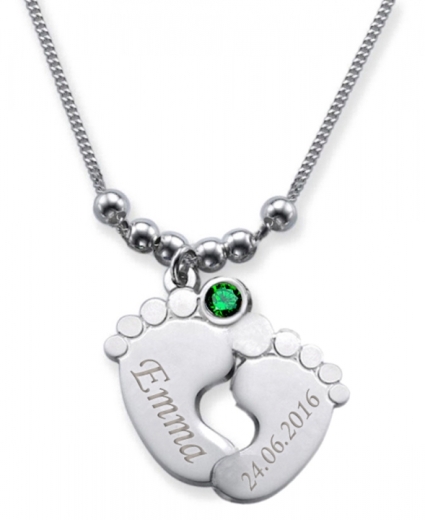 Collana doppia per piedini di bambino con 2 incisioni e mese di cristallo MAGGIO