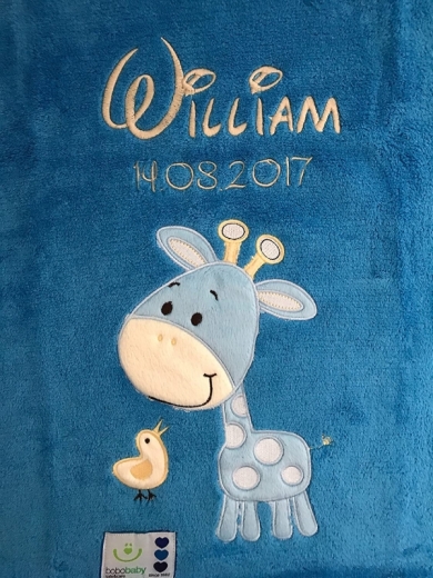 Coperta per neonati - ricamata con nome - Blu GIRAFFE