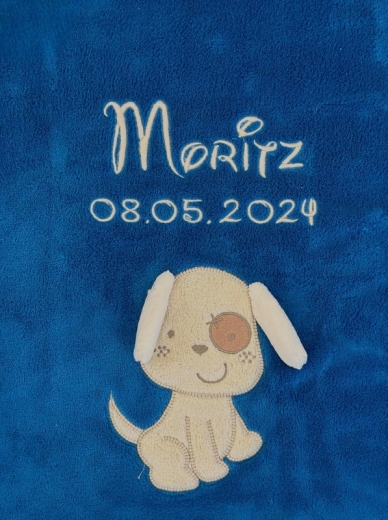 Coperta per neonati - ricamata con nome - Cane blu brillante