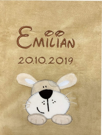 Coperta per neonati - ricamata con nome - marrone sabbia DOG