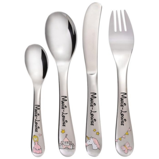 Set di posate per bambini con nome inciso e motivi colorati - modello: PRINCESS