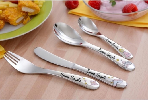 Set di posate per bambini con nome inciso e motivi colorati - modello: PRINCESS