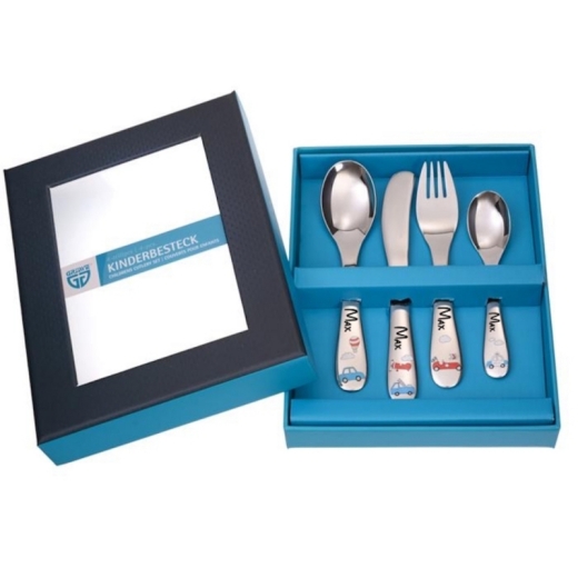 Posate per bambini con nome inciso e motivi colorati - modello: AUTOS