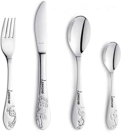 Posate per bambini con incisione del nome / motivo amici della fattoria / set da 4 pezzi (tutti e 4 incisi con il nome)