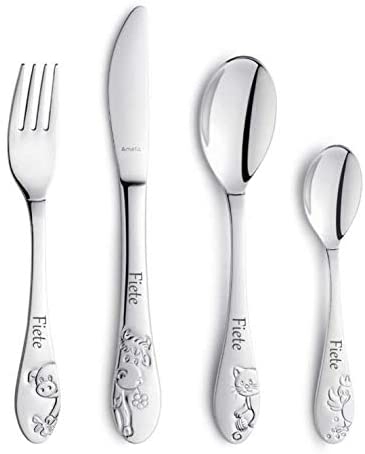 Posate per bambini con incisione del nome / motivo amici della fattoria / set da 4 pezzi (tutti e 4 incisi con il nome)