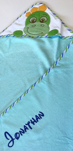 Asciugamano con cappuccio ricamato con nome e data di nascita 100x100 TURQUOISE DINO