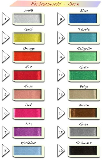 Panoramica di 16 varianti di filato per ricamare una copertina per neonati. I colori sono numerati: bianco, giallo, arancione, rosso, rosa, rosa shocking, lilla, azzurro, blu, turchese, verde chiaro, verde, beige, marrone, grigio e nero.
