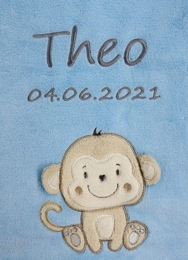 Coperta per neonati - ricamata con nome - azzurro MONKEY