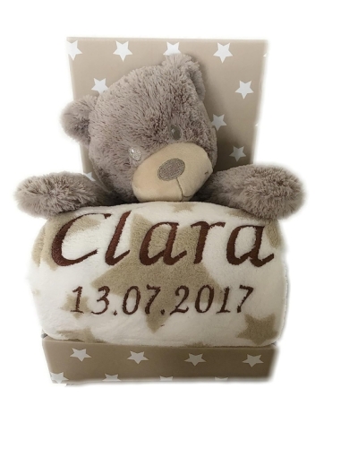 Coperta per neonati ricamata con nome e data di nascita e peluche incluso (TD Beige/Bianco - TEDDYBÄR)