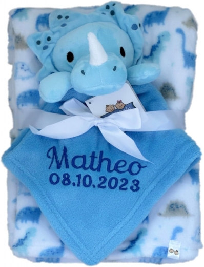 Coperta per neonati comprensiva di piumone con nome e data di nascita ricamati / morbida come una coccola / qualità 1A (Blue Dino)