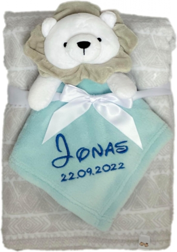Coperta per bebè comprensiva di piumone con nome e data di nascita ricamati / morbida e coccolosa / qualità 1A (leone grigio azzurro)