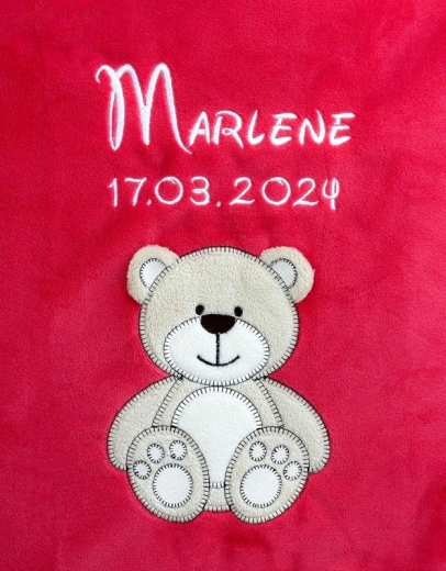 Coperta per neonati - ricamata con nome - orsetto lampone