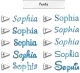L'immagine mostra dieci esempi numerati del nome «Sophia» in diversi caratteri blu su sfondo bianco. Gli stili spaziano dall'elegante corsivo alle lettere classiche, come opzioni di personalizzazione.