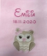Una copertina per neonati rosa, ricamata con il nome "Emilia" e la data "15.11.2020" in caratteri rosa scuro. Sotto è ricamato un grazioso gufo nei toni del beige e del bianco, con grandi occhi e un piccolo fiocco rosa sulla testa.