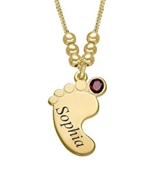 Catena con piede di bambino con incisione e cristallo del mese GENNAIO in argento vero con placcatura in oro giallo