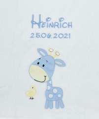 Coperta per neonati - ricamo con nome - bianco GIRAFFE blu
