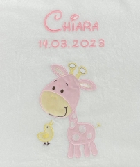 Coperta per neonati - ricamo con nome - bianco GIRAFFE rosa