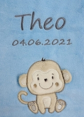 Coperta per neonati - ricamata con nome - azzurro MONKEY