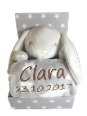 Coperta per bebè ricamata con nome e data di nascita, incluso peluche (grigio/bianco - BUNNY)