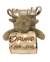 Coperta per bebè ricamata con nome e data di nascita, incluso peluche (renna / marrone)