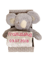 Coperta per bebè ricamata con nome e data di nascita, incluso peluche (koala / grigio-beige)