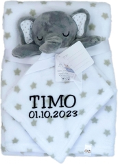 Coperta per bebè comprensiva di piumone con nome e data di nascita ricamati / morbida e coccolosa / qualità 1A (stelle di elefante grigie)