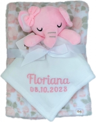 Kiddi-Media: coperta per bambini con nome e data di nascita ricamati / morbida e soffice / 1A qualità (fiori di elefante rosa)